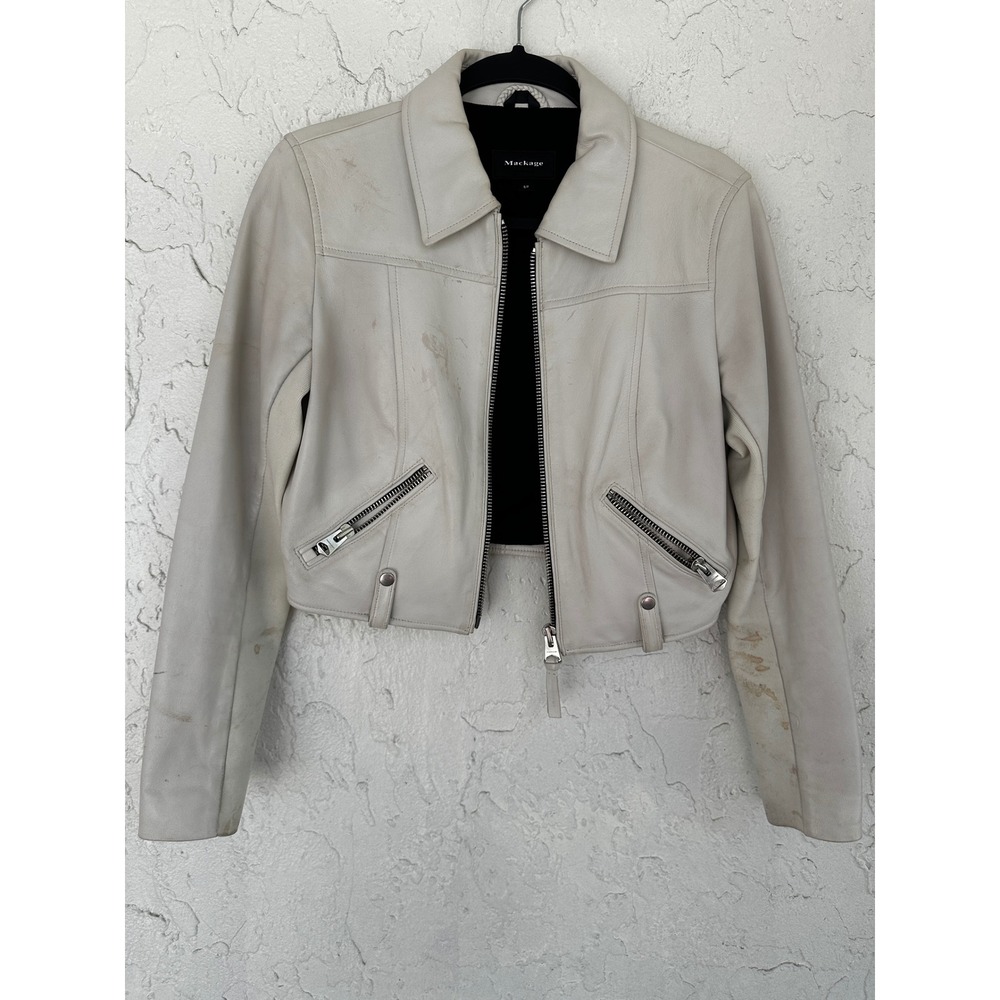 Mackage Womens Cropped Leather Biker Jacket Cream Off White Size Small